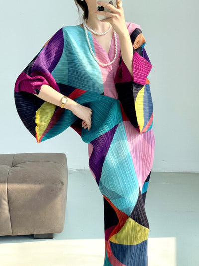 Pleated Batwing Sleeves Dress V-neck eprolo BAD PEOPLE