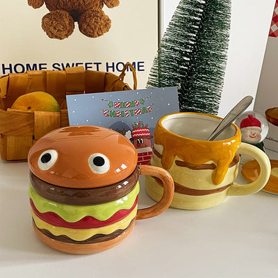 Internet Celebrity Creative Hamburger Water Cup with Cover Cute and Fun Breakfast Cup Large Capacity Ceramic Burger Cup Mug eprolo BAD PEOPLE