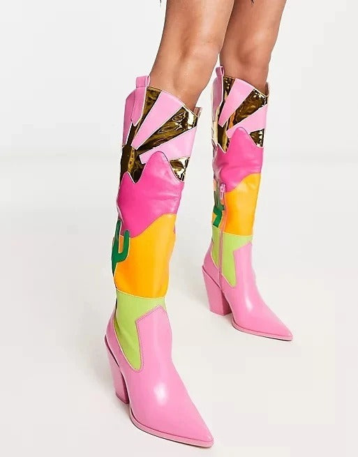 Patchwork Western Women Cowboy Boots Leather