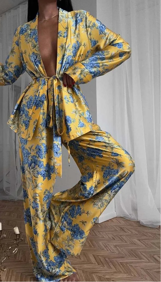 Yellow Print Womens 2 Piece Outfit Set Casual Satin Long Sleeve Lace-Up Shirts