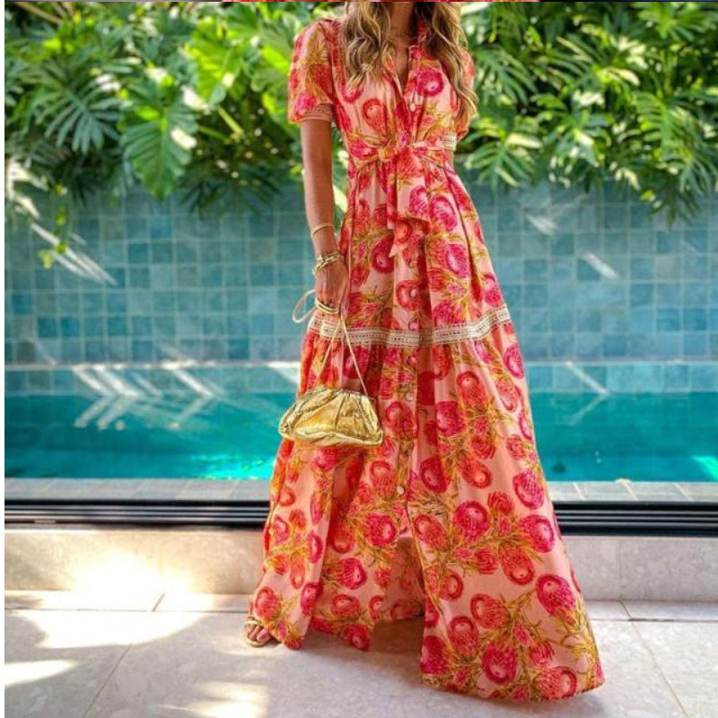 Vestido largo estampado bohemio de manga corta