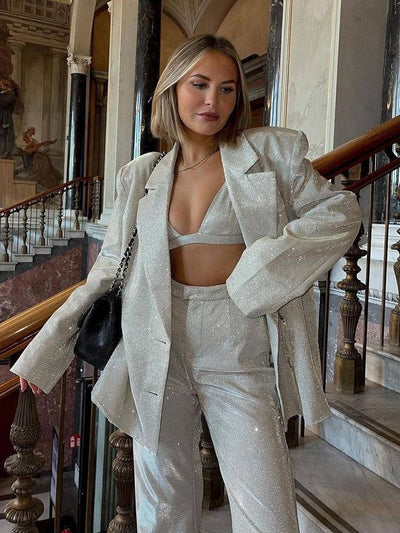 tailleur completo donna glitter giacca e pantalone con top MUST HAVE