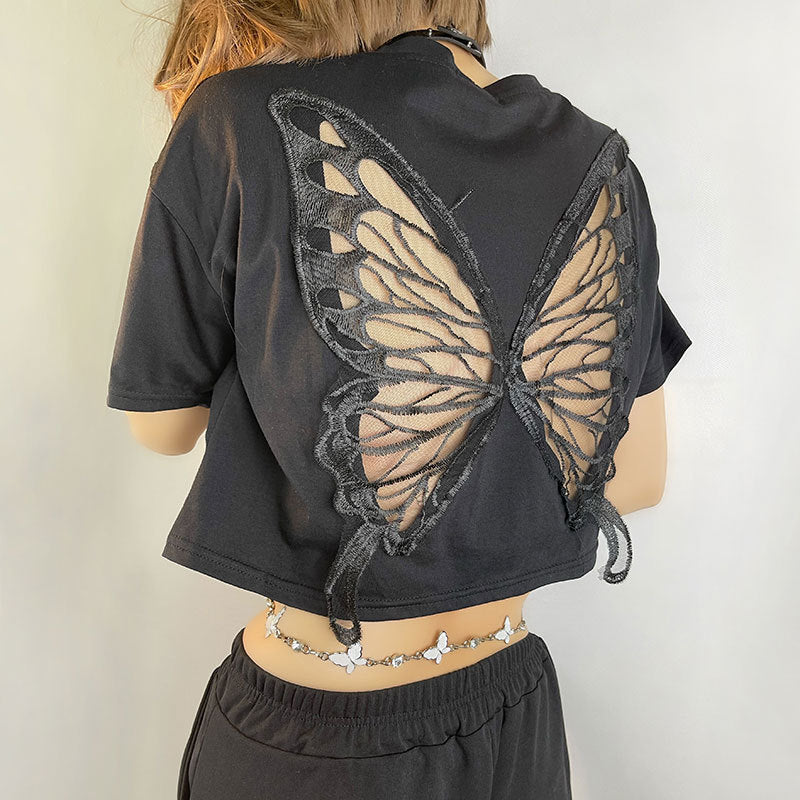 Camiseta corta con ombligo de mariposa de encaje negro